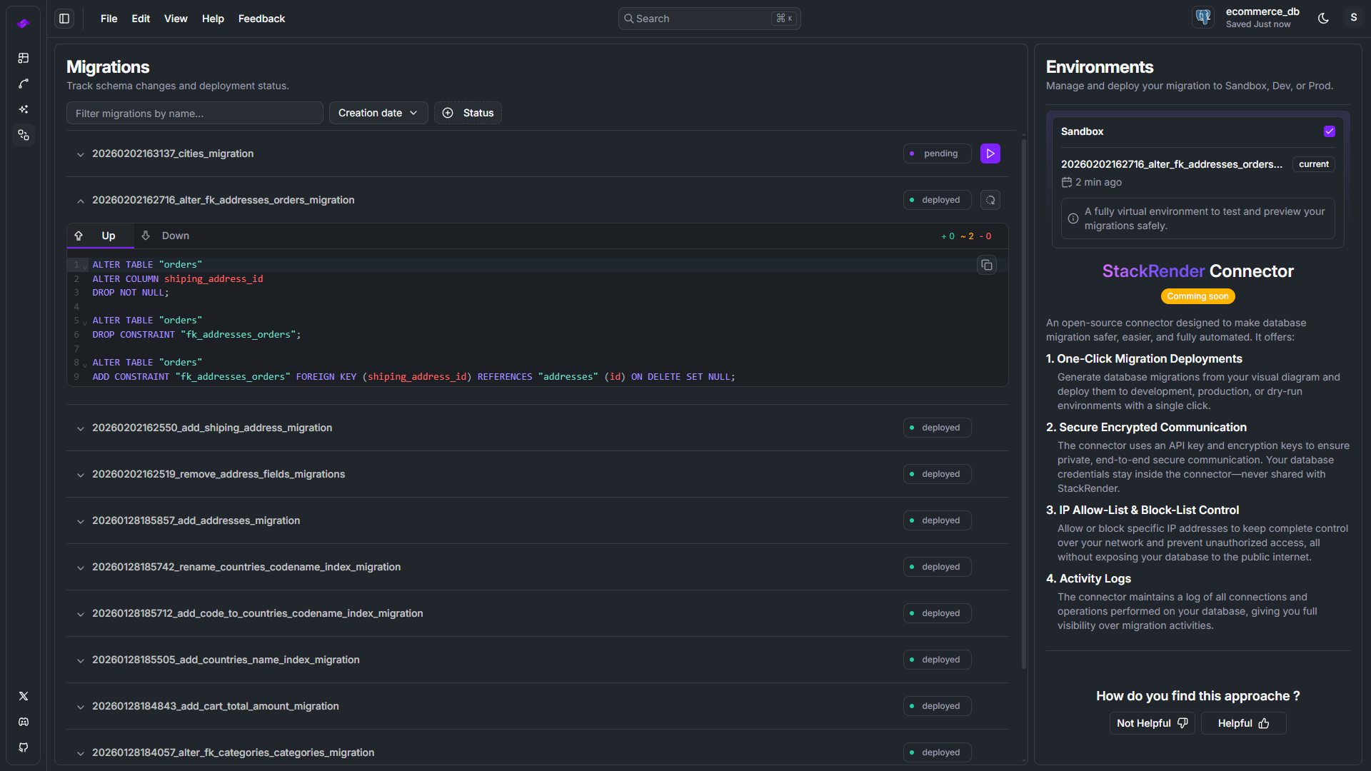 StackRender - Visual history of database migrations with states, rollback scripts, and metadata