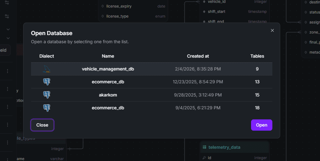 StackRender open database diagram dialog