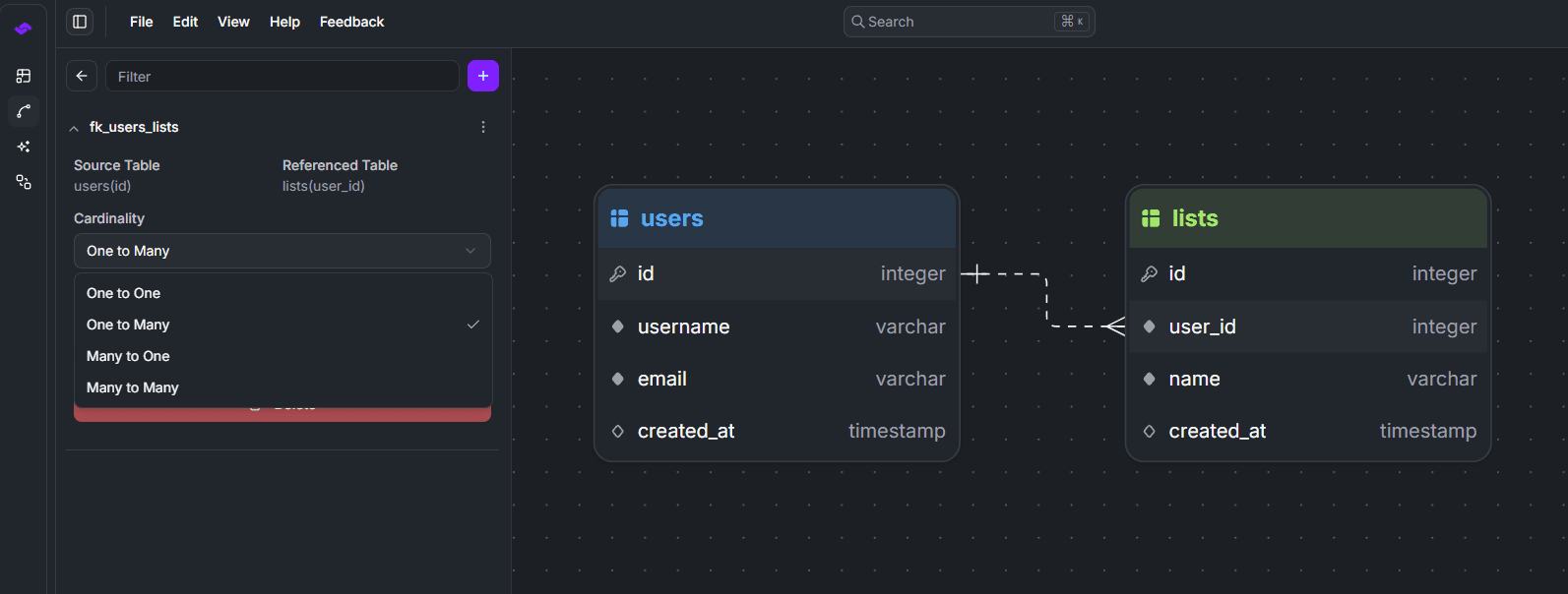 StackRender database relationship cardinalities