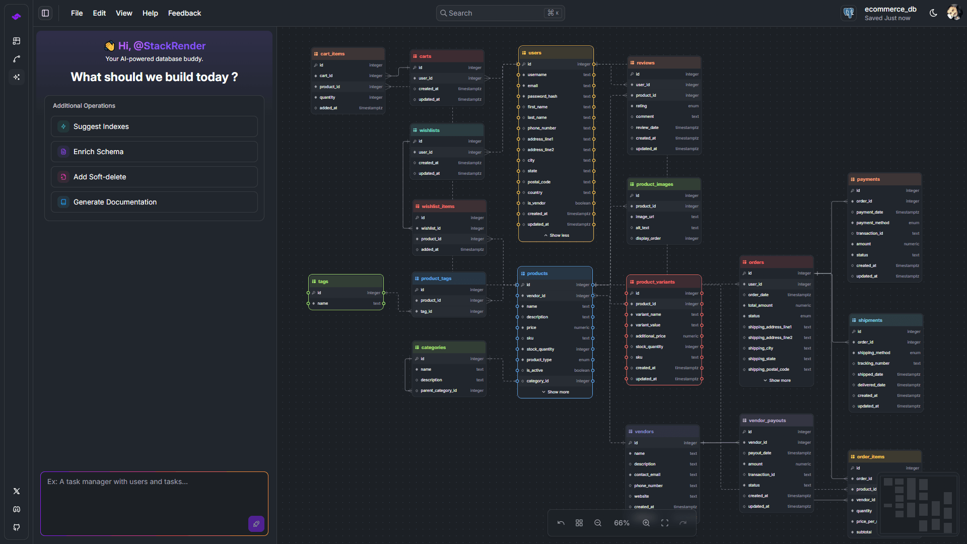 StackRender database schema diagram editor
