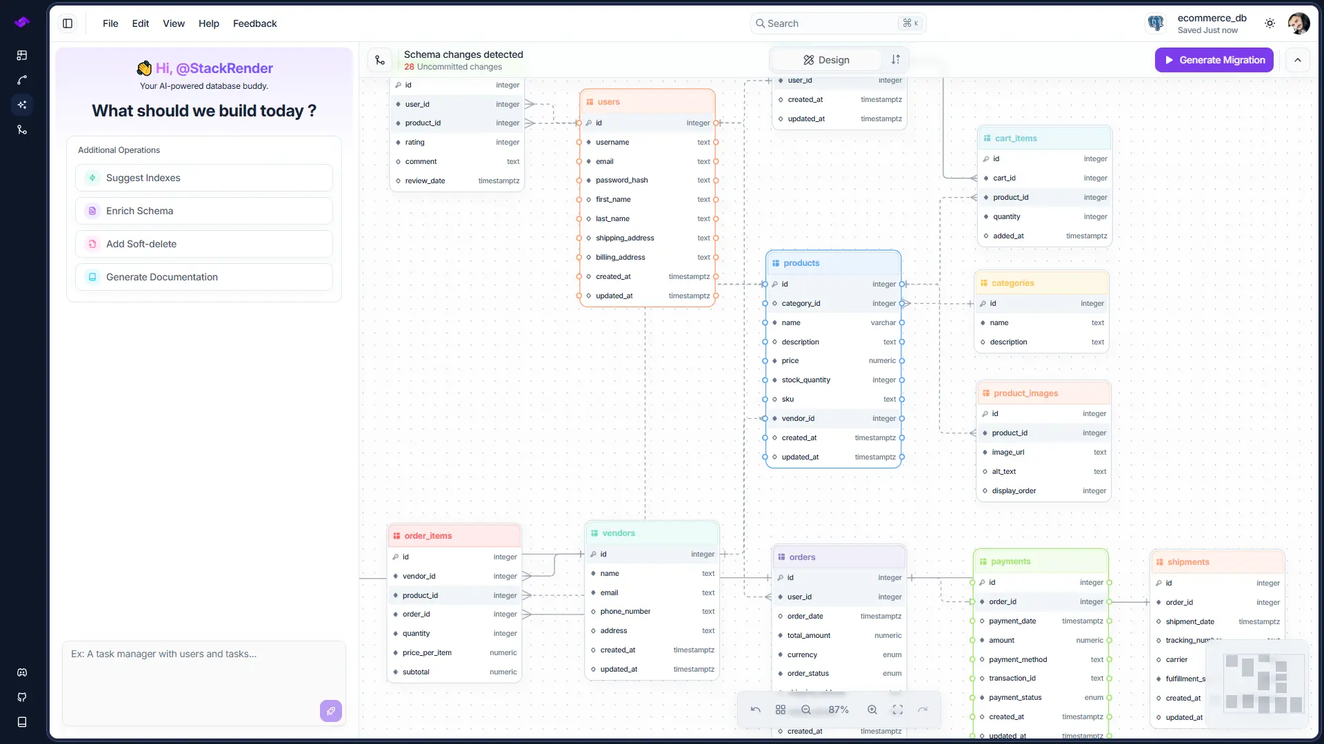 StackRender database schema diagram editor