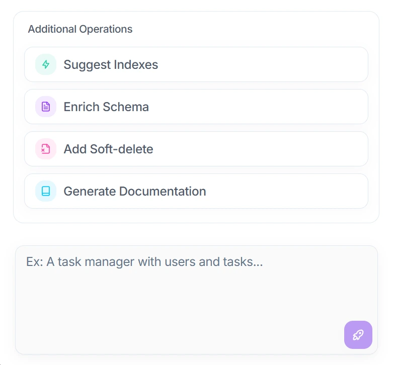 AI assistant for generating and improving database schemas using natural language.