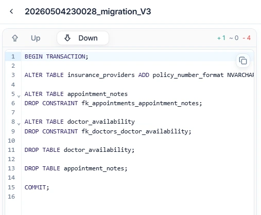 Automatic rollback script generation for safely reverting database migrations.