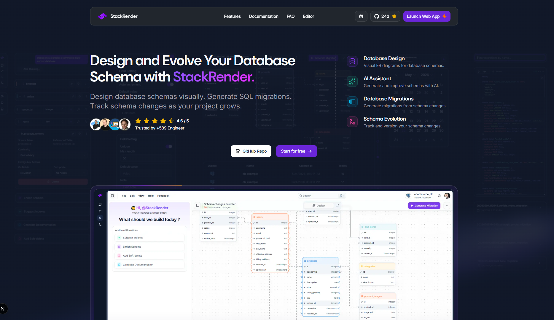StackRender - Database Schema Diagram Editor & SQL Migration Generator