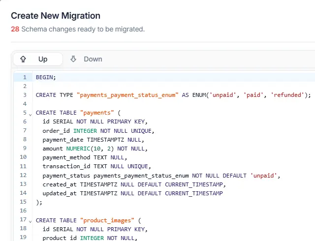 StackRender migration generator creating database migration files from schema modifications.