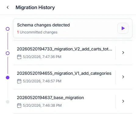 StackRender migration history dashboard showing schema evolution and tracked database changes over time.